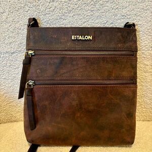 Estalong Brown Leather Crossbody Bag Adjustable Strap Vintage Style
